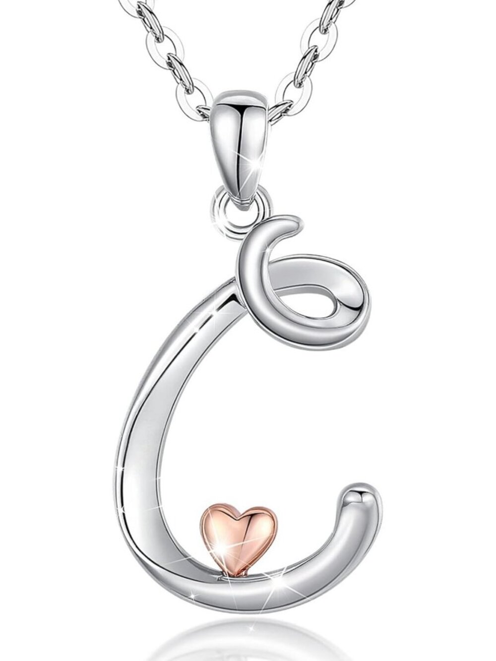 Personalized 925 Sterling Silver Initial Necklace with Rose Gold Heart - 18